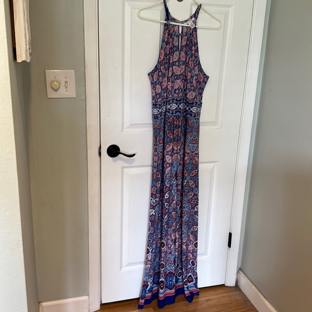 London Times Blue and Red Patterned Maxi Dress
